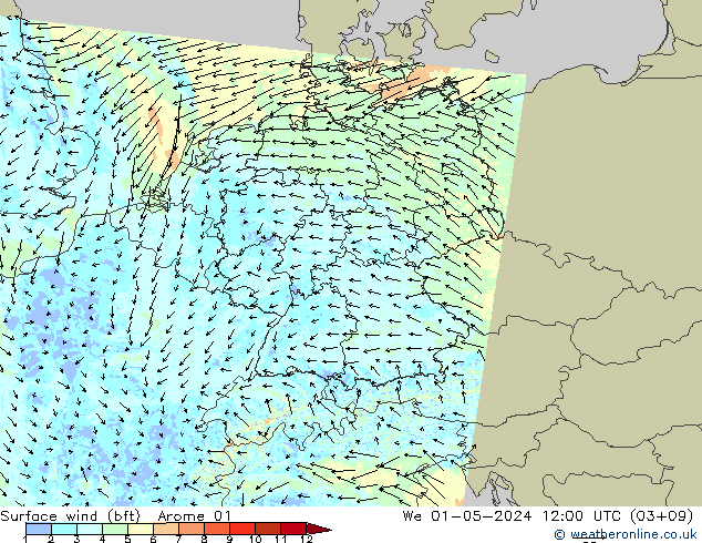 Wind 10 m (bft) Arome 01 wo 01.05.2024 12 UTC