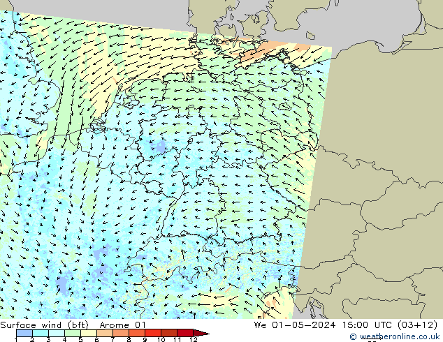 Wind 10 m (bft) Arome 01 wo 01.05.2024 15 UTC