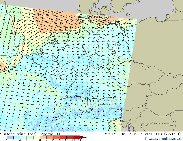 Viento 10 m (bft) Arome 01 mié 01.05.2024 23 UTC