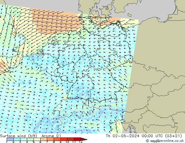 Wind 10 m (bft) Arome 01 do 02.05.2024 00 UTC