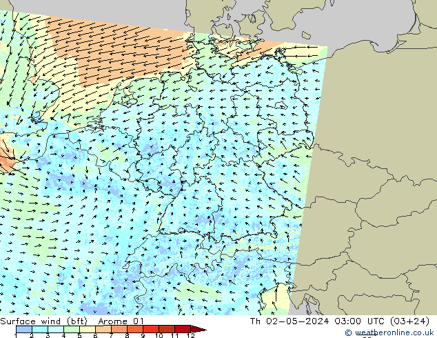 wiatr 10 m (bft) Arome 01 czw. 02.05.2024 03 UTC