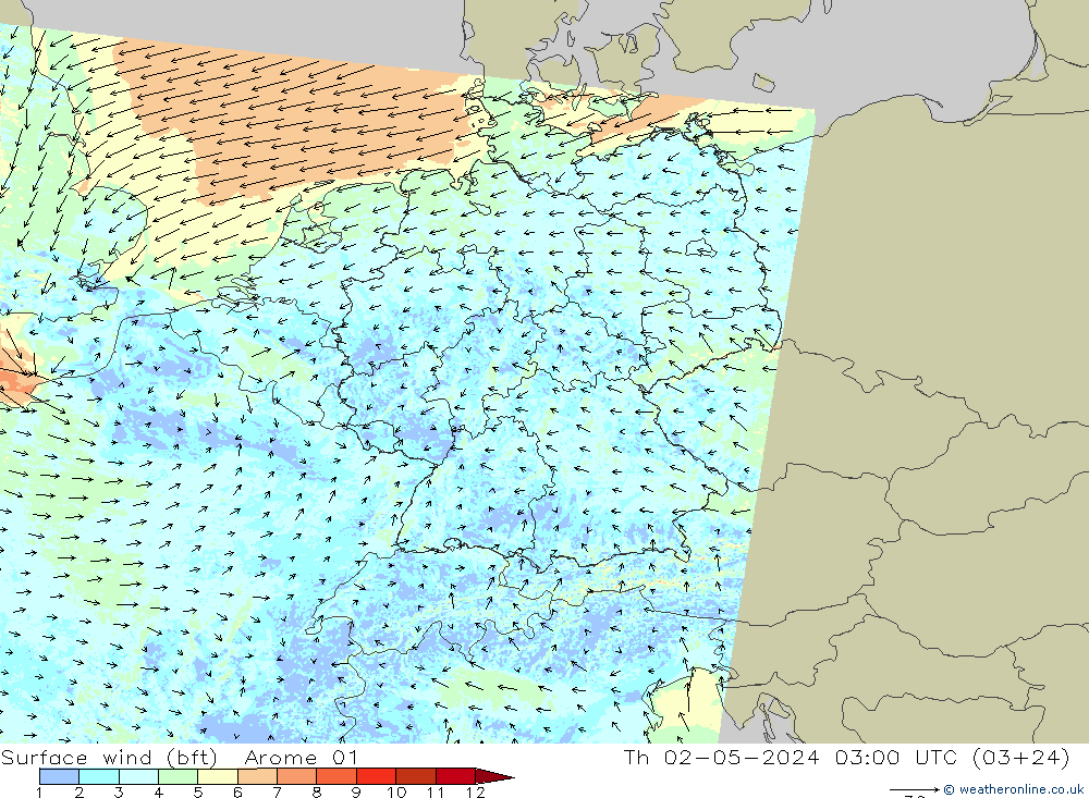 Vento 10 m (bft) Arome 01 Qui 02.05.2024 03 UTC