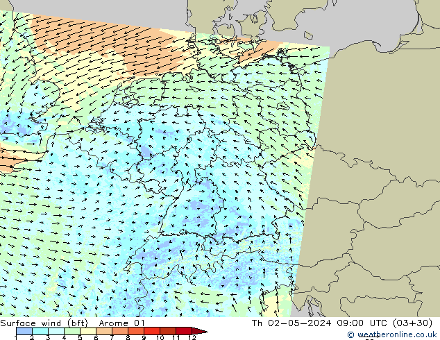 Surface wind (bft) Arome 01 Čt 02.05.2024 09 UTC