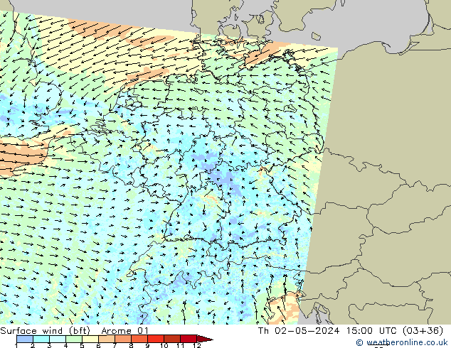 wiatr 10 m (bft) Arome 01 czw. 02.05.2024 15 UTC