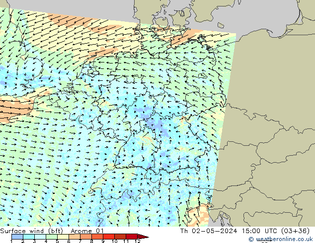 Vento 10 m (bft) Arome 01 Qui 02.05.2024 15 UTC