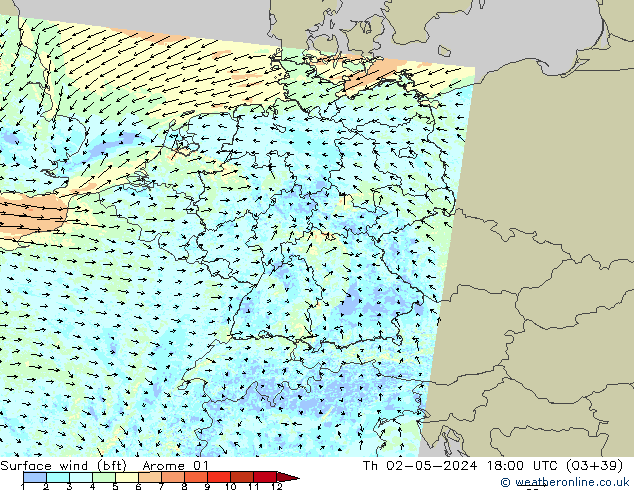 Viento 10 m (bft) Arome 01 jue 02.05.2024 18 UTC