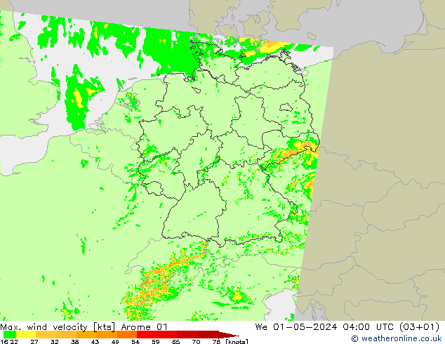 Max. wind velocity Arome 01  01.05.2024 04 UTC