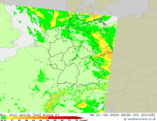 Max. wind velocity Arome 01 Qua 01.05.2024 09 UTC