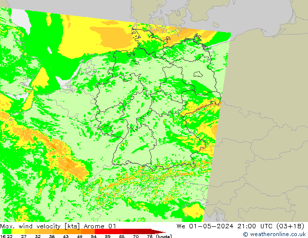 Max. wind velocity Arome 01 ср 01.05.2024 21 UTC