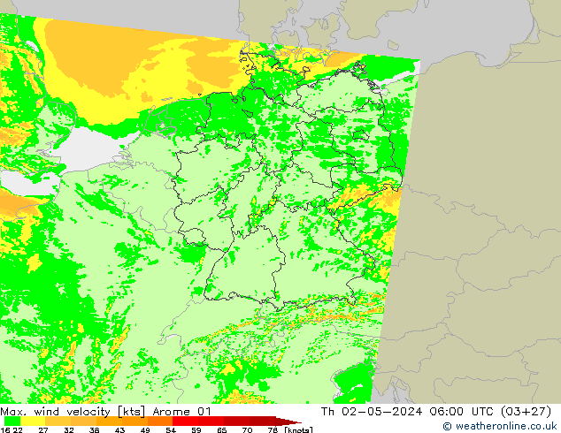 Max. wind velocity Arome 01 Th 02.05.2024 06 UTC