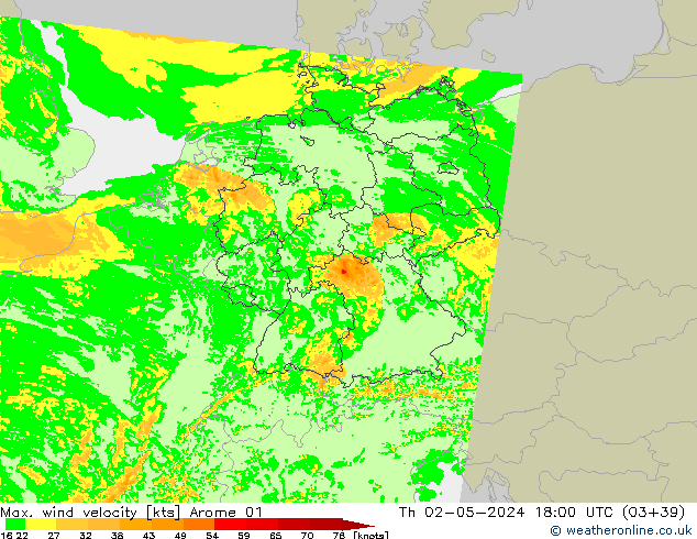 Max. wind velocity Arome 01 Th 02.05.2024 18 UTC