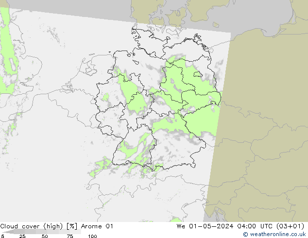 Cloud cover (high) Arome 01 We 01.05.2024 04 UTC