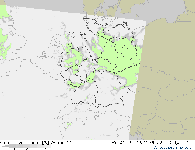 Cloud cover (high) Arome 01 We 01.05.2024 06 UTC