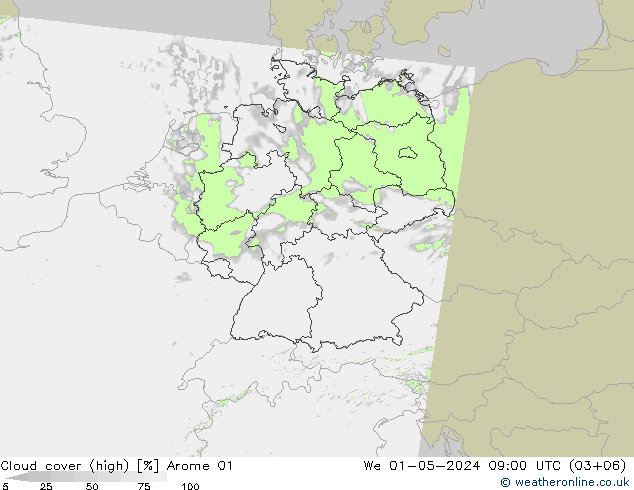 Cloud cover (high) Arome 01 We 01.05.2024 09 UTC