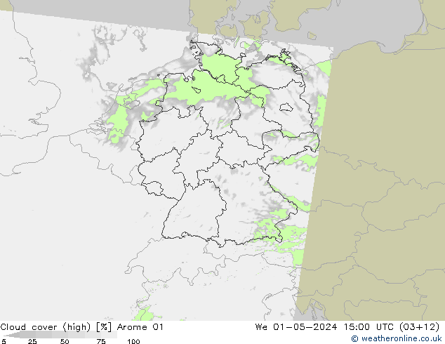 Cloud cover (high) Arome 01 We 01.05.2024 15 UTC