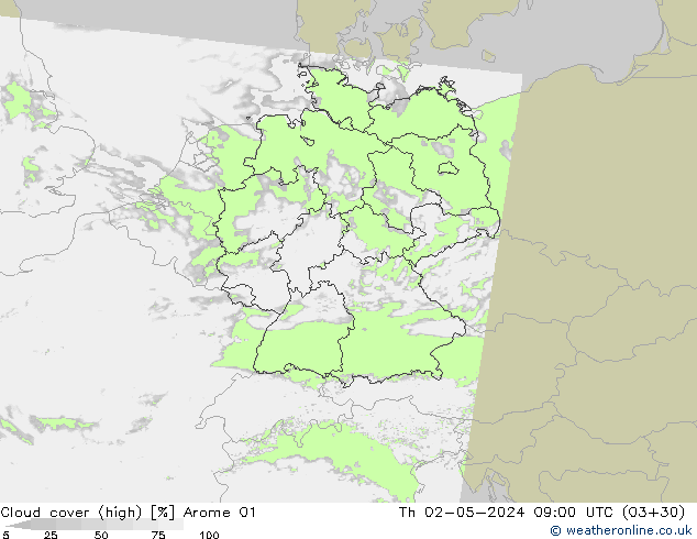 Nubes altas Arome 01 jue 02.05.2024 09 UTC