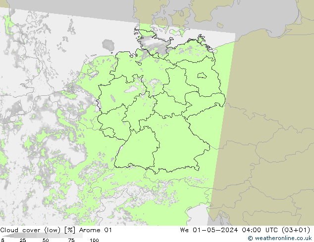 Cloud cover (low) Arome 01 We 01.05.2024 04 UTC