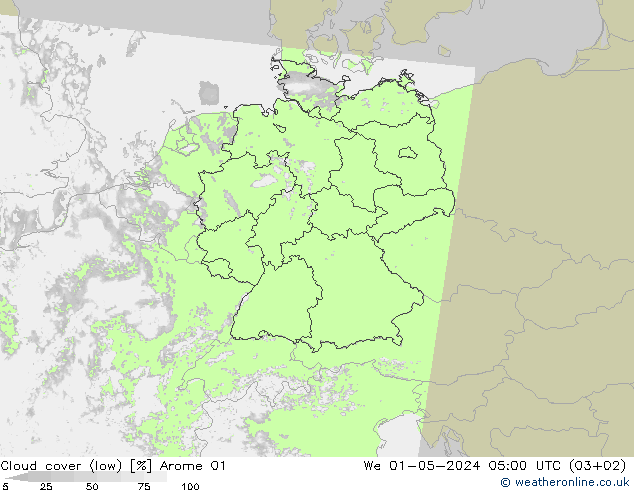 Wolken (tief) Arome 01 Mi 01.05.2024 05 UTC