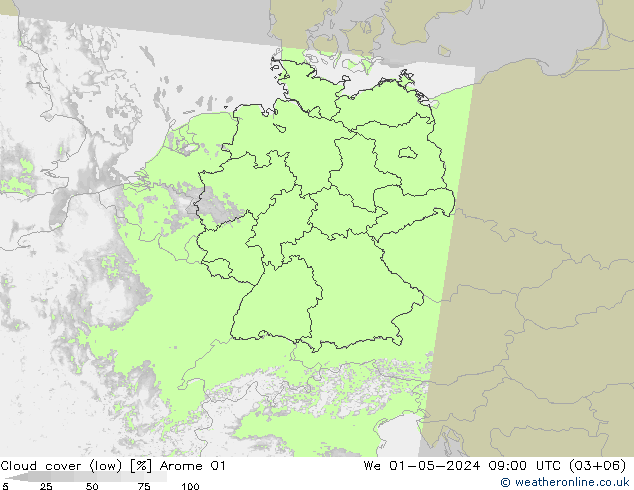 Cloud cover (low) Arome 01 We 01.05.2024 09 UTC