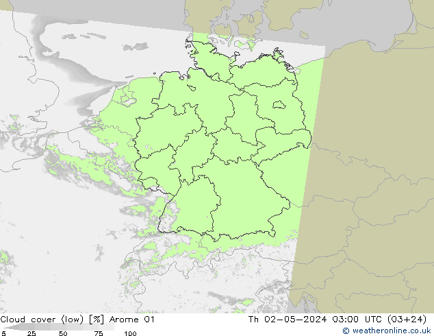 Cloud cover (low) Arome 01 Th 02.05.2024 03 UTC