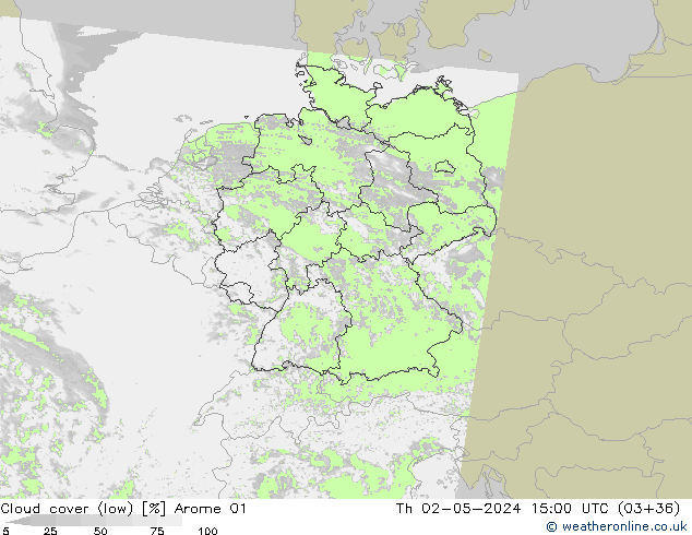 Cloud cover (low) Arome 01 Th 02.05.2024 15 UTC