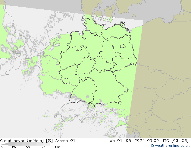 Cloud cover (middle) Arome 01 We 01.05.2024 09 UTC