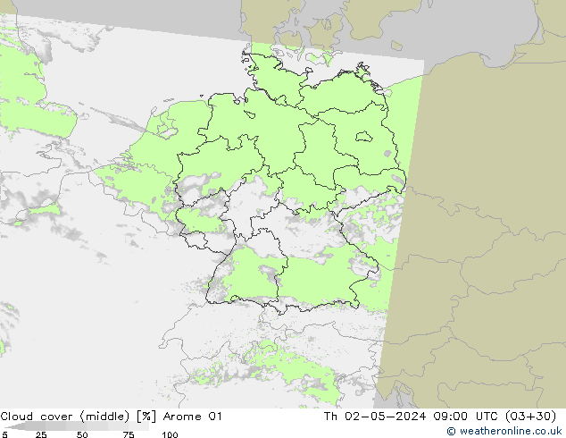 nuvens (médio) Arome 01 Qui 02.05.2024 09 UTC