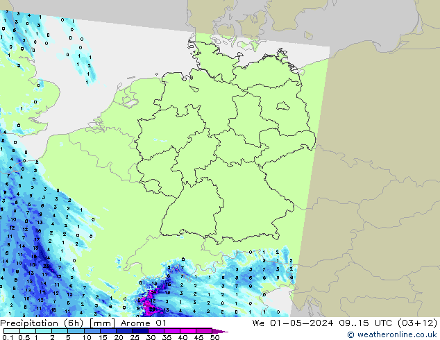 Totale neerslag (6h) Arome 01 wo 01.05.2024 15 UTC