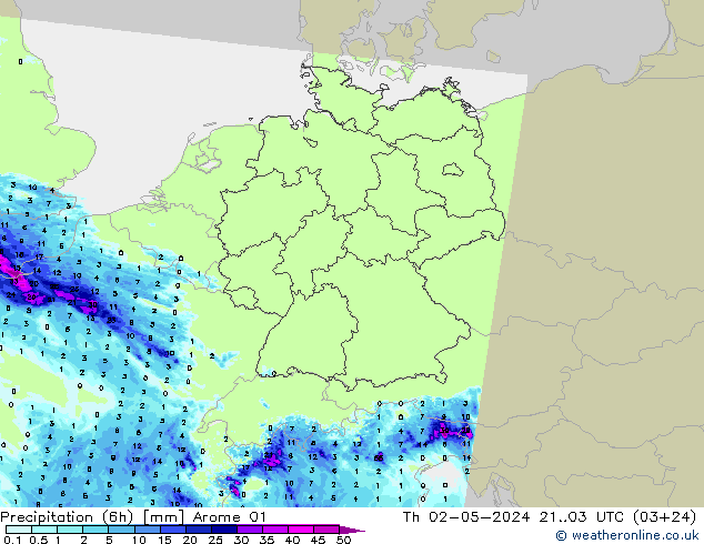 Precipitation (6h) Arome 01 Th 02.05.2024 03 UTC