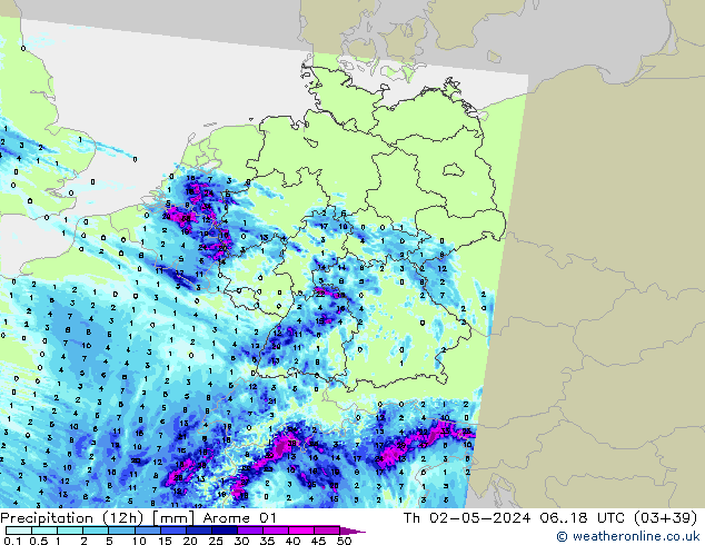 осадки (12h) Arome 01 чт 02.05.2024 18 UTC