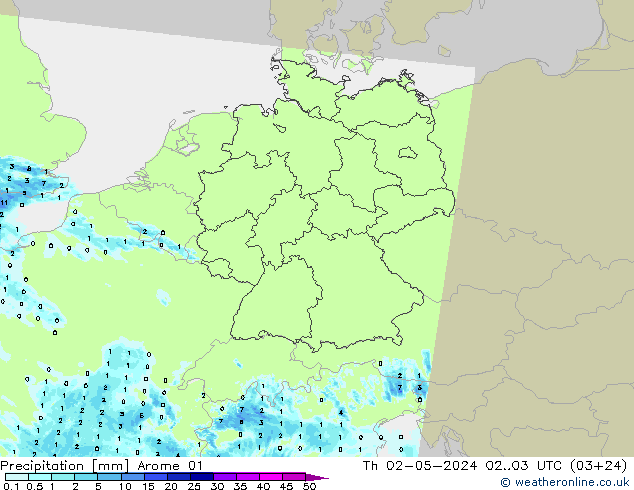 Neerslag Arome 01 do 02.05.2024 03 UTC