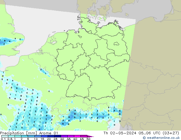 Srážky Arome 01 Čt 02.05.2024 06 UTC