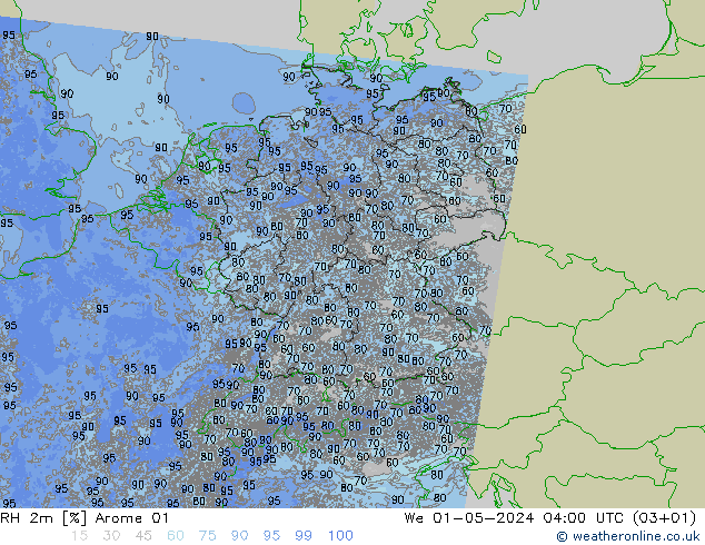 RH 2m Arome 01 We 01.05.2024 04 UTC