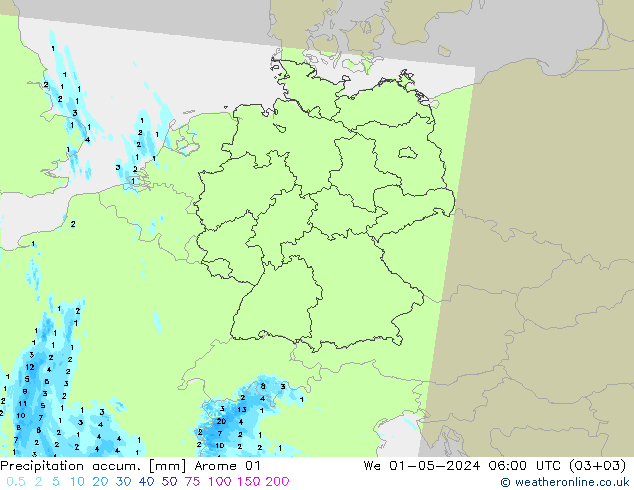 Totale neerslag Arome 01 wo 01.05.2024 06 UTC