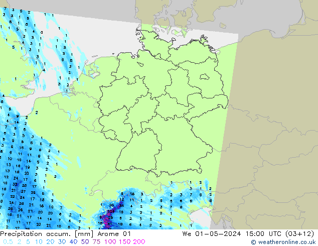 Precipitation accum. Arome 01 We 01.05.2024 15 UTC