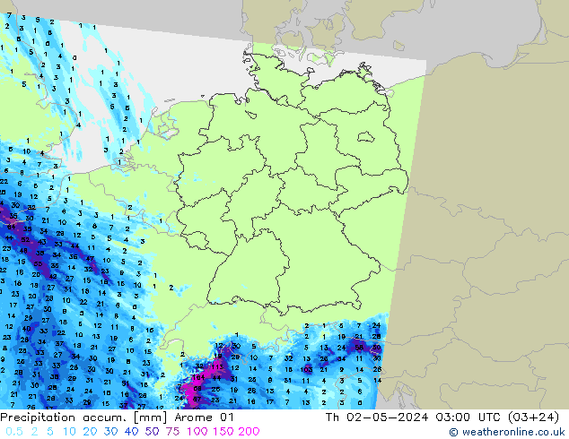 Precipitation accum. Arome 01 Th 02.05.2024 03 UTC