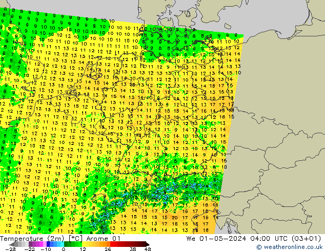 Temperatuurkaart (2m) Arome 01 wo 01.05.2024 04 UTC