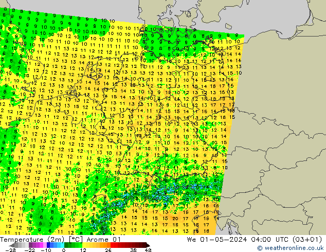 Temperature (2m) Arome 01 We 01.05.2024 04 UTC