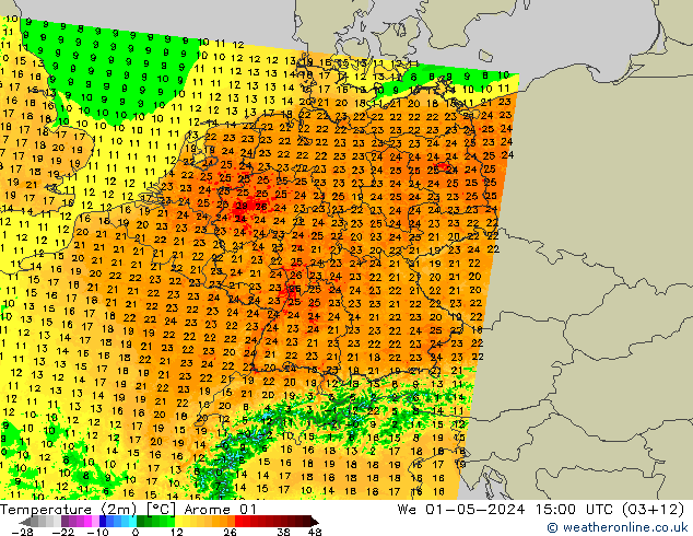Temperatuurkaart (2m) Arome 01 wo 01.05.2024 15 UTC