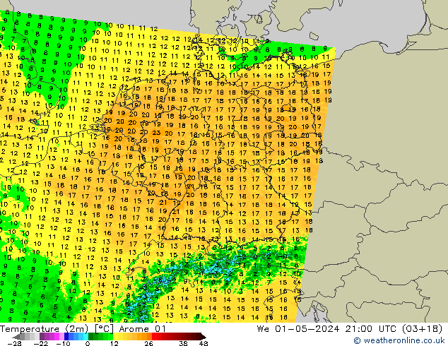 Sıcaklık Haritası (2m) Arome 01 Çar 01.05.2024 21 UTC