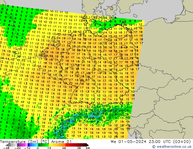 Temperature (2m) Arome 01 St 01.05.2024 23 UTC