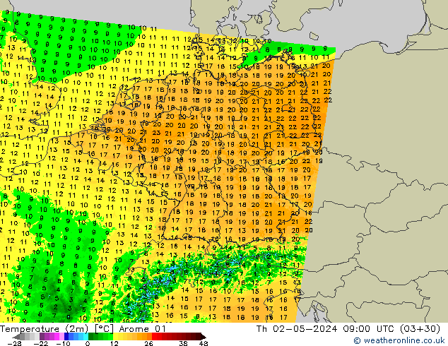 Temperatuurkaart (2m) Arome 01 do 02.05.2024 09 UTC