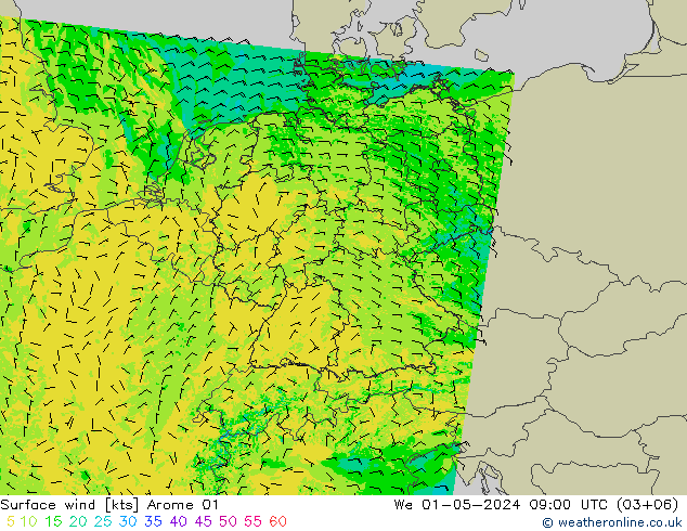 Vento 10 m Arome 01 Qua 01.05.2024 09 UTC