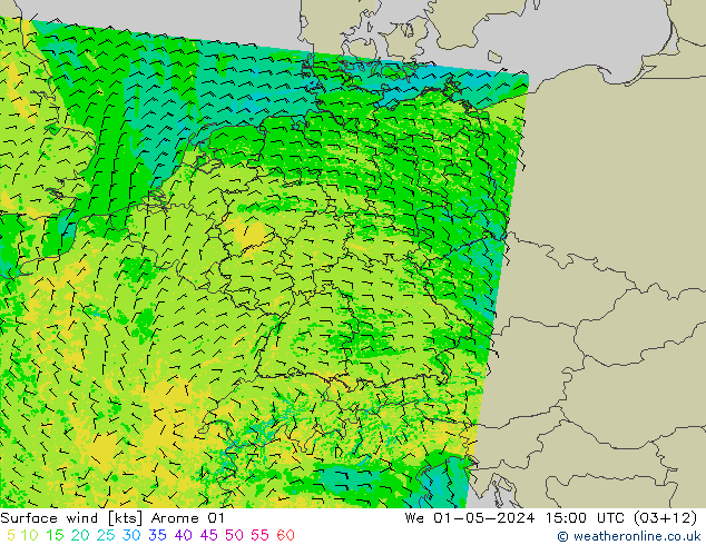 Rüzgar 10 m Arome 01 Çar 01.05.2024 15 UTC