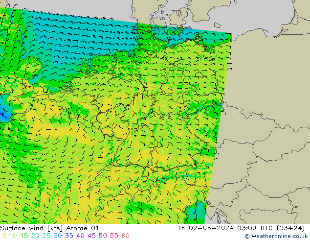 Vento 10 m Arome 01 gio 02.05.2024 03 UTC