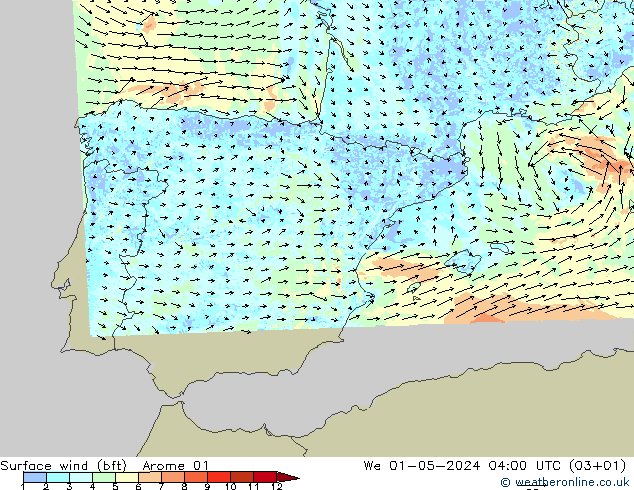 Bodenwind (bft) Arome 01 Mi 01.05.2024 04 UTC