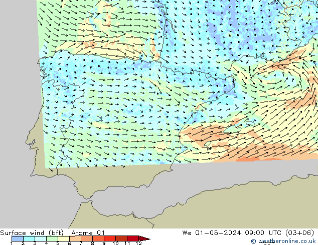 wiatr 10 m (bft) Arome 01 śro. 01.05.2024 09 UTC