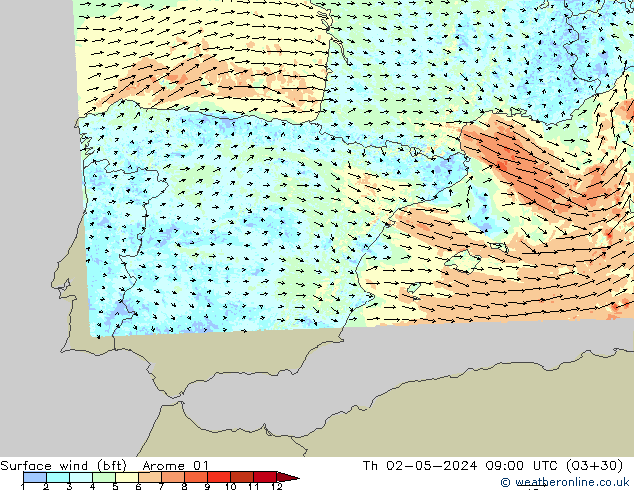 Surface wind (bft) Arome 01 Th 02.05.2024 09 UTC