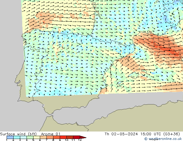 Rüzgar 10 m (bft) Arome 01 Per 02.05.2024 15 UTC