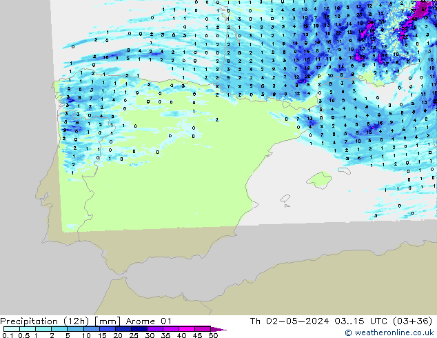 Precipitation (12h) Arome 01 Th 02.05.2024 15 UTC